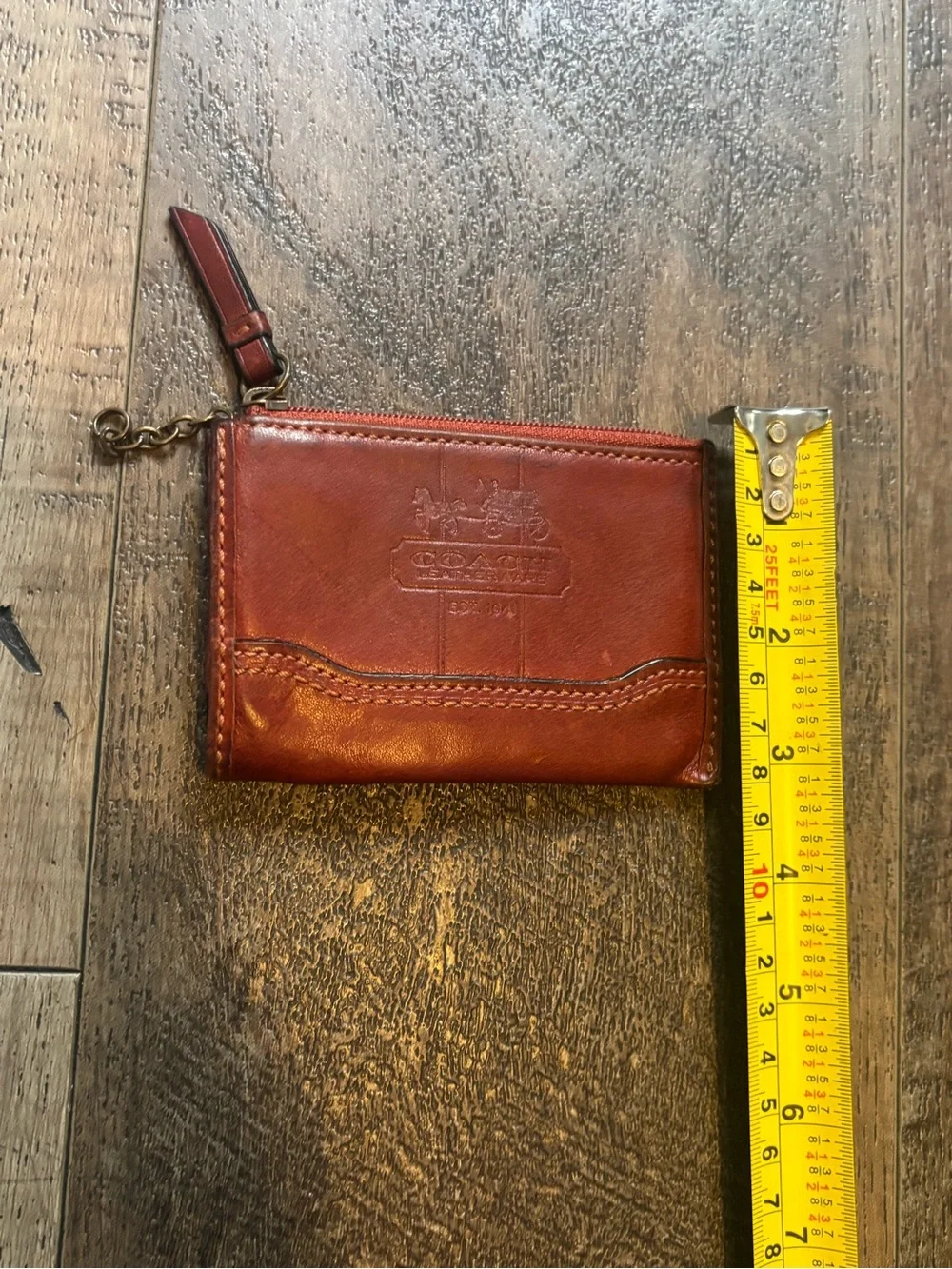 Coach Red Brown Leather Zip Card Case Wallet